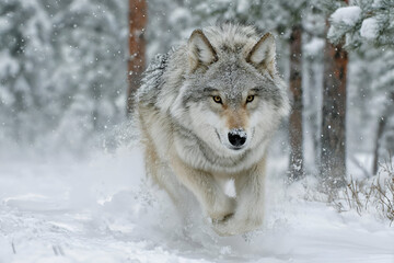 Obraz premium A wild wolf running through a snow-covered forest, its fur blending with the white landscape as it charges through the cold winter air.