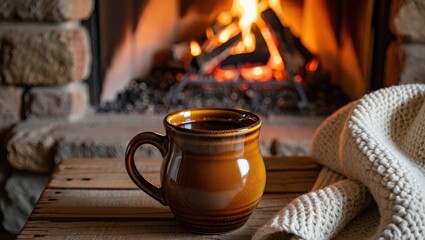 Fototapeta premium Coffee mug and warm blanket by a cozy fireplace in a rustic setting