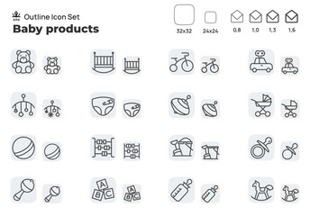 Children's toys and rattles for the youngest. Concept editable stroke outline icons set isolated on white background flat vector illustration. Pixel perfect