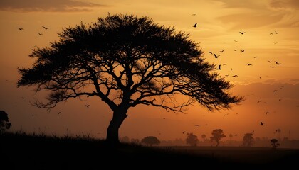 Fototapeta premium Silhouette of tree at sunset with birds flying