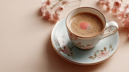 Elegant cup of coffee adorned with a delicate pink flower creating a beautiful and serene morning scene
