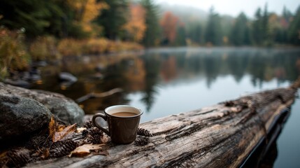 Rustic cup placed on a natural log creating a charming outdoor scene surrounded by nature's beauty