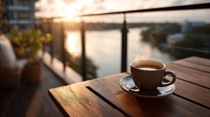 A beautifully crafted cup of coffee set on a warm wooden table with a calm atmosphere perfect for enjoying
