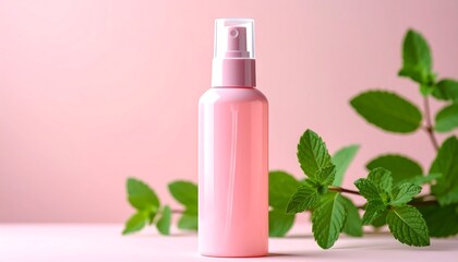 Pink spray bottle with mint leaves.