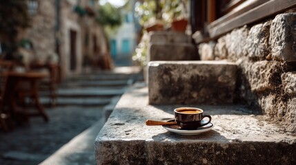A delightful cup of coffee resting on a ledge with beautiful natural scenery creating an inviting atmosphere