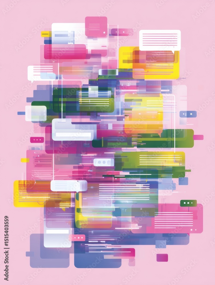 Poster Glitchy Chatbot Illustration With Colorful Speech Bubbles in a Vibrant Layout Depicting Communication Issues With a Soft Background
