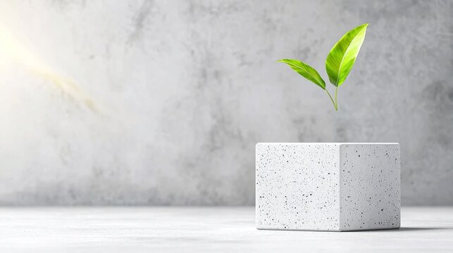 Green Sprout Emerging from White Concrete Cube on Light Gray Background - Powered by Adobe