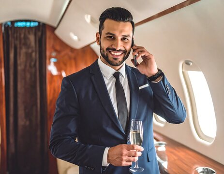 Man in suit talking on phone in private jet - Powered by Adobe