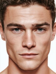 Obraz premium Close-up portrait of young man with clear skin, Intense male facial expression on white background, Beauty and skincare concept for advertising and health content