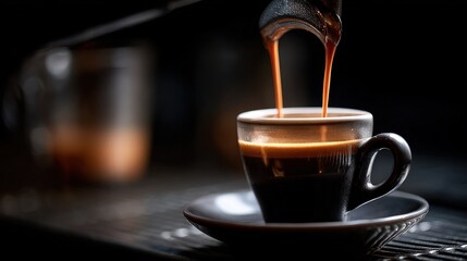 Fototapeta premium Freshly brewed coffee being poured into a stylish cup at a cozy caf? with warm lighting and inviting ambiance