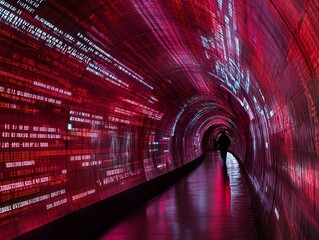 Cybernetic Passage: A lone figure walks through a futuristic tunnel, bathed in the vibrant hues of red and pink digital projections, symbolizing connectivity and advanced technological landscape.