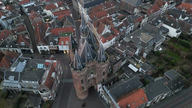 Zwolle old historic city center and city walls overhead skyline. Canal around city with rich history, Pepperbus church tower, Sassenpoort, Onze Lieve Vrouwebasiliek aerial