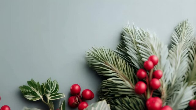 Festive holly and pine branches with red berries