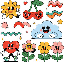 Cute and colorful cartoon suns, flowers, fruits, and clouds in a retro, groovy style. Perfect for kids' designs and fun projects. Generative AI