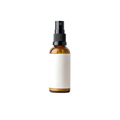 Amber glass spray bottle with blank white label isolated on transparent  background
