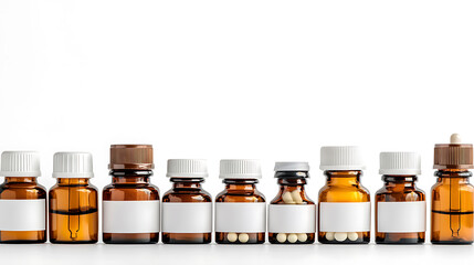 Assorted amber glass medicine bottles with pipette droppers and blank labels on white