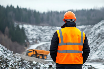 Mining Engineer in Safety Vest Surveys Vast Open Pit Quarry with Heavy Machinery