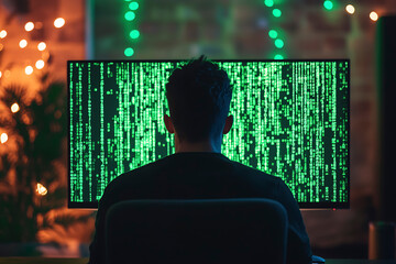 Mysterious Hacker Silhouette Illuminated by Glowing Monitor with Green Binary Code Background