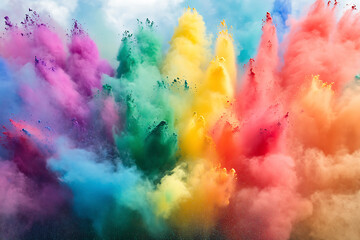 Vibrant Rainbow Holi Powder Explosion on White Background Panorama