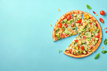Vibrant sliced vegetarian pizza primavera on bright blue background