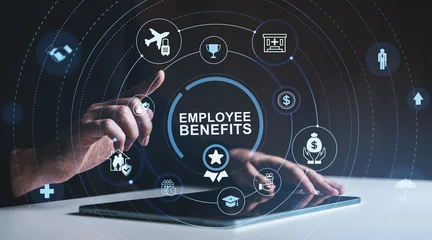 Vitrage gordijnen Employee benefits icons and services concept with person interacting on tablet screen through digital interface on dark background in modern style. © ImageFlow