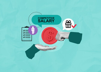 Competitive salary concept with hands exchanging red dollar coin, checklist, and gift icon on textured blue background in modern collage style.