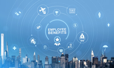 Employee benefits icons displayed over New York city skyline representing hr and workplace incentives in a modern digital concept layout..