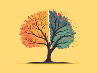 Dual-Season Tree: The illustration captures a vibrant, artistic representation of a tree, split to depict two distinct seasons. Emphasizing the beauty of nature.