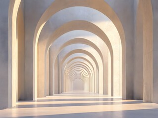 Ethereal Archway Perspective: A bright sun casts ethereal rays across the seamless archway perspective, offering a calming, peaceful scene of architectural finesse and minimalist beauty.