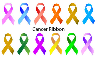 Cancer Awareness Concept With Different Color Ribbons On White Background. Symbol of lung cancer and osteoporosis awareness. 