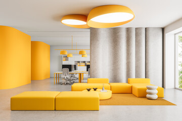 Modern office interior with yellow furniture, round ceiling lights and open workspace with minimalist design and curved wall accents. 3D Rendering. 3D Rendering
