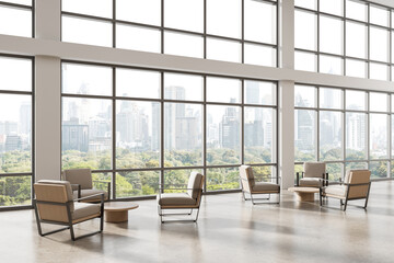 Modern lounge interior design with armchairs and coffee tables in a high-rise building with panoramic city view and large windows. 3D Rendering