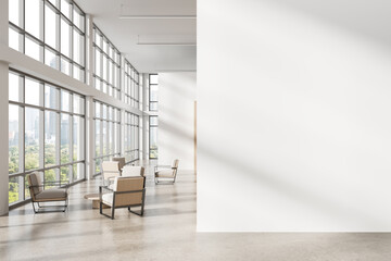 Modern office interior with large windows, stylish seating area, and blank white wall for poster mockup or design template display backdrop layout. 3D Rendering