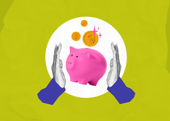 Pink piggy bank with protective hands and coins on abstract background.