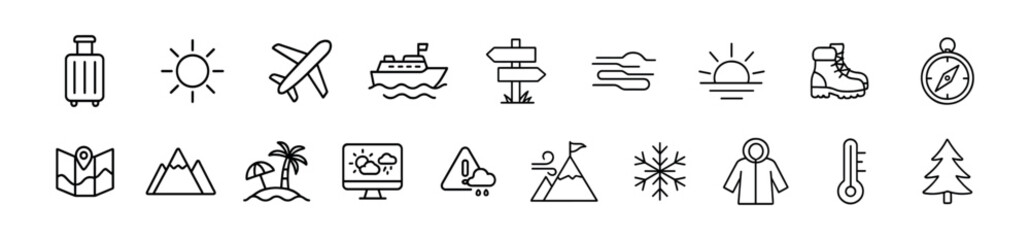 Travel & adventure outline icon set - linear symbols for maps, compass, vacation
