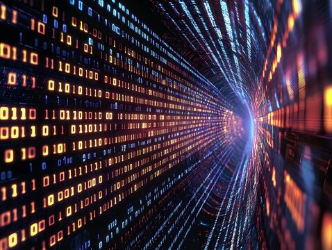 Digital Highway: An illuminating tunnel of binary code streaks forward, symbolizing the relentless flow of data in the digital age. Capturing the essence of cyberspace and innovation.