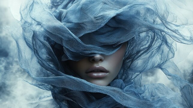 Woman with blue veil covering her face and eyes