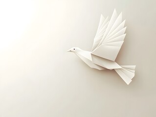 Origami Dove of Peace: A delicate paper dove, artfully folded, takes flight, symbolizing tranquility and harmony in a minimalist, photorealistic style.