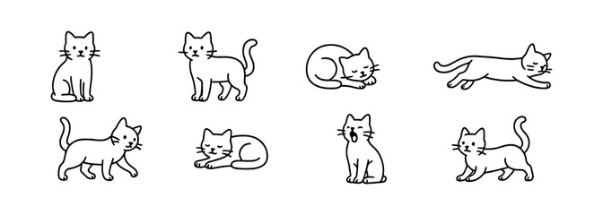 Fototapeta premium Cat outline icon set - adorable feline, line drawings for pet lovers