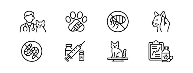 Veterinary line icon set - animal care, pet health, and medical symbols