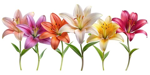 Fototapeta premium Colorful Arrangement of Lily Flowers in Full Bloom Against a White Background