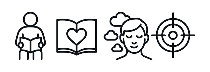 Education & mindfulness linear icon set - calm, focus, study symbols