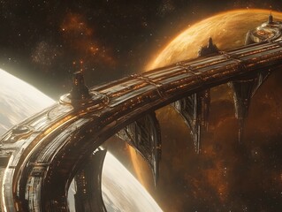 Cosmic Bridge: A futuristic cityscape seamlessly merges with celestial elements, depicting an awe-inspiring intergalactic bridge gracefully spanning the void.