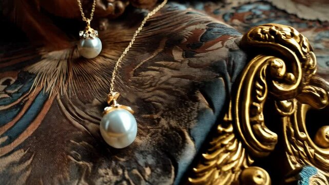 Elegant pearl pendants with rhinestone details on textured luxurious fabric, showcasing jewelry and craftsmanship with ornate feather patterns