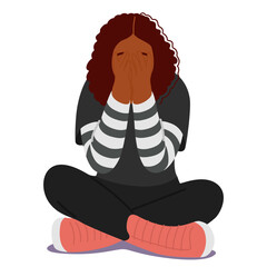 Sad teenage girl cartoon character feeling loneliness and anxiety covering face with palms