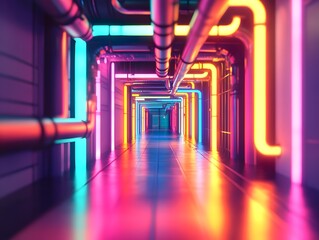 Neon Tunnel of Infrastructure: A striking image of a futuristic tunnel bathed in vibrant neon lights.