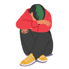 Hipster teenage guy cartoon character in emotional stress feeling sad and fatigue isolated on white