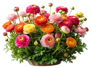 Obraz premium Beautiful closeup bouquet of colorful ranunculus flowers in a rustic container