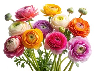 A vibrant bouquet of colorful Ranunculus flowers set against a white background
