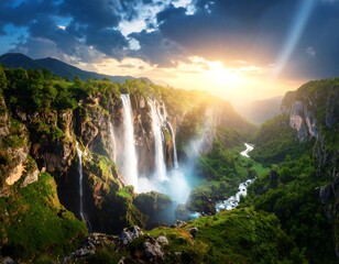Fototapeta premium Majestic waterfalls at sunset